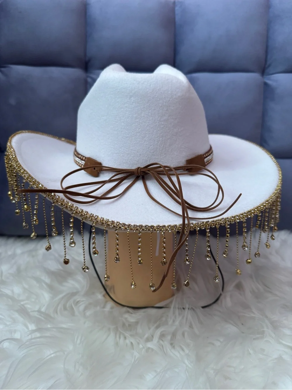 Stetson White Cowboy Hat with Gold Beaded Fringe